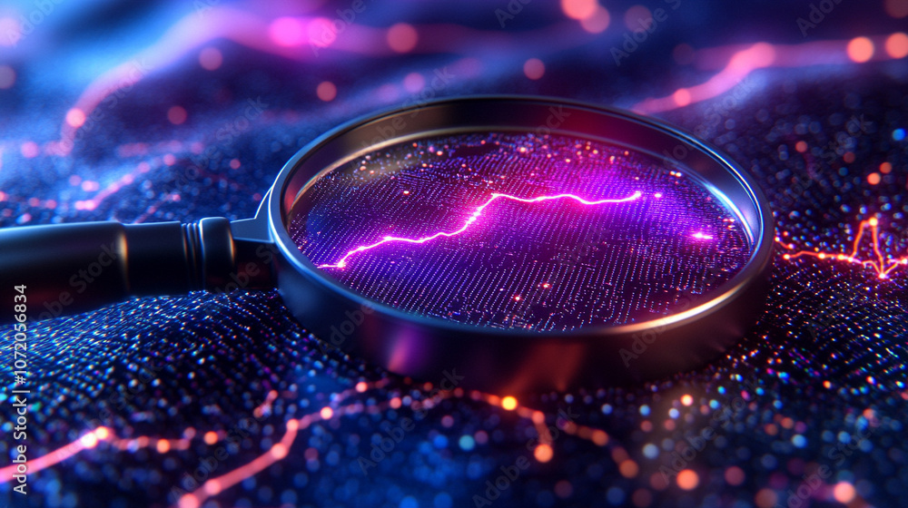 Aufkleber magnifying glass enlarges glowing data curves, symbolizing data analysis, digital investigation, and