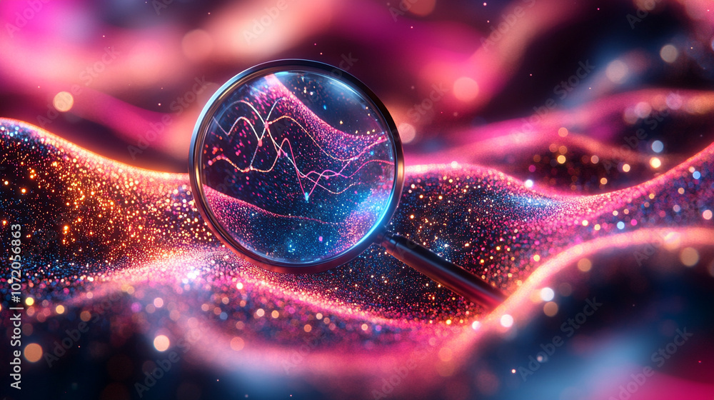 Aufkleber magnifying glass enlarges glowing data curves, symbolizing data analysis, digital investigation, and
