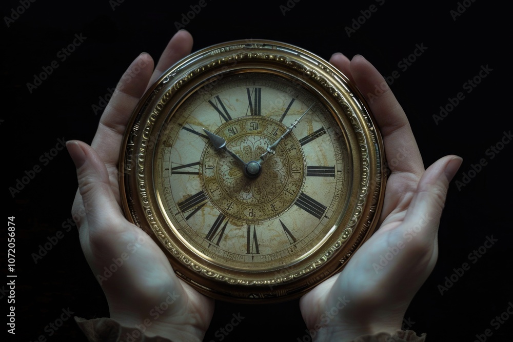 Poster a person grasping a clock with an uncertain expression, possibly waiting for something or feeling an