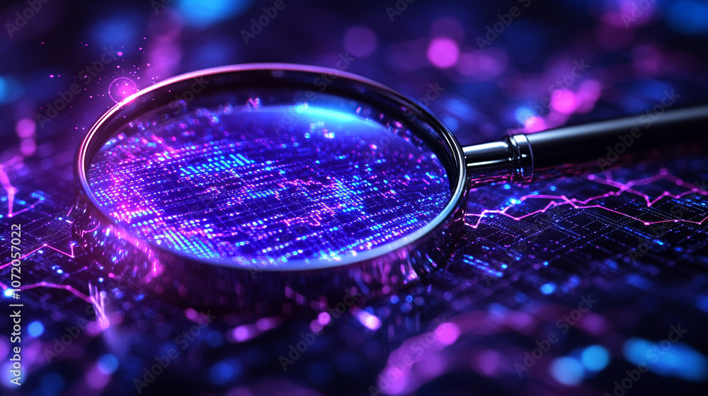 Aufkleber magnifying glass enlarges glowing data curves, symbolizing data analysis, digital investigation, and