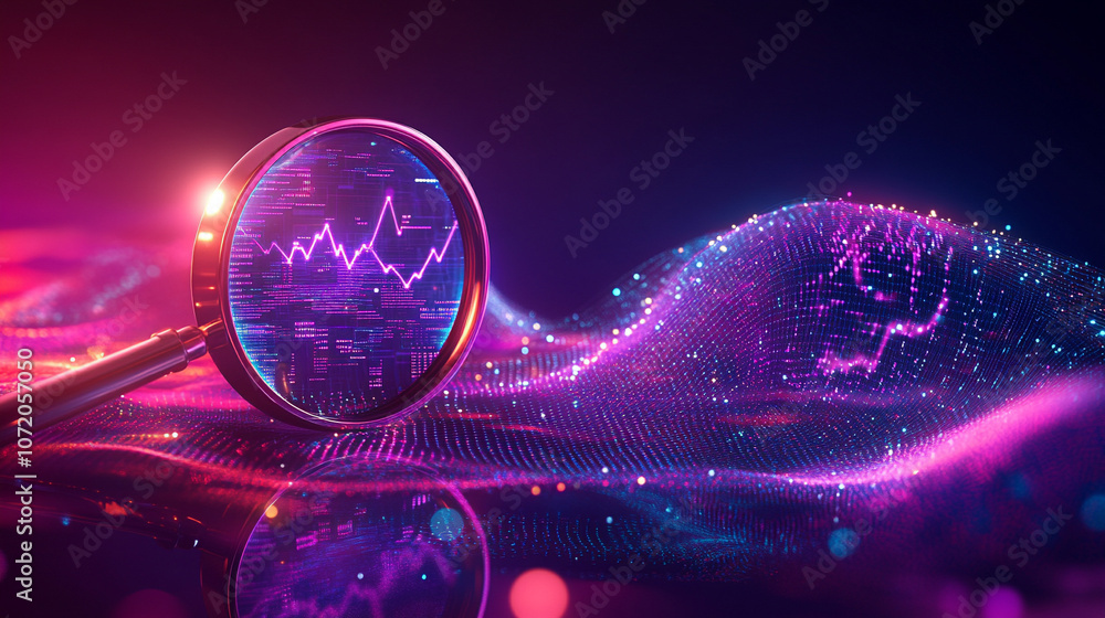 Aufkleber magnifying glass enlarges glowing data curves, symbolizing data analysis, digital investigation, and