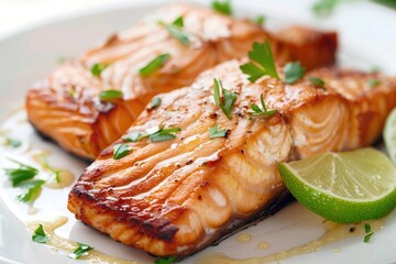 Fresh salmon fillet on a white plate, garnished with lime slices