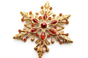 A delicate gold snowflake adorned with red crystals on a white background