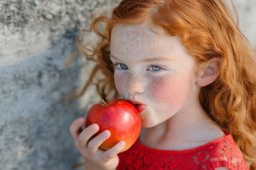 Girl with vibrant red hair, wearing a red dress, taking a bite of a red apple with copy space. Soft natural lighting.