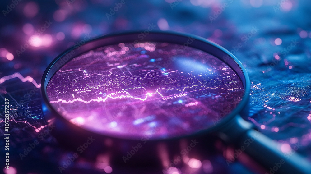 Aufkleber magnifying glass enlarges glowing data curves, symbolizing data analysis, digital investigation, and