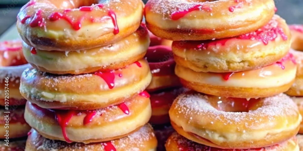 Poster a tower of sweetness glazed donuts with powdered sugar and drizzled raspberry glaze