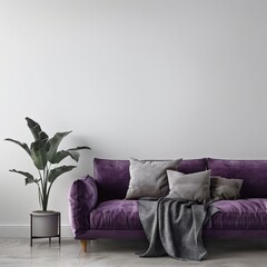 A purple velvet sofa with gray throw blanket and white pillows sits in a minimalist living room with a potted plant and textured walls