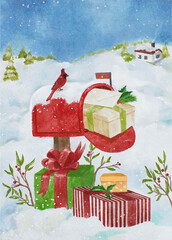Hand drawn digital winter view, christmas holiday decorative red mail box, illustration for postcard
