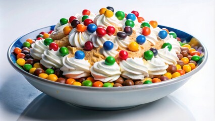 A sweet treat of whipped cream, candy-coated chocolate, and peanut butter filling in a bowl.