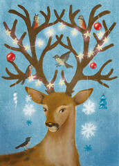 Merry Christmas and Happy New Year greeting card template with deer, birds and garland 