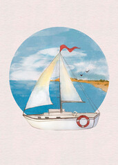 Hand drawn digital illustration of sea landscape and boat, perfect for men's postcard design