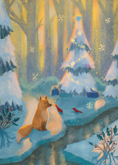 Winter Christmas digital hand drawn illustration with nature, snow, trees, fox and birds. Postcard template