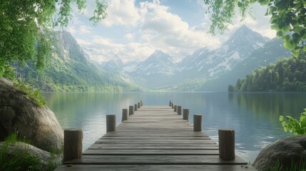 Wooden pier leading out to a tranquil lake with snow-capped mountains in the distance.