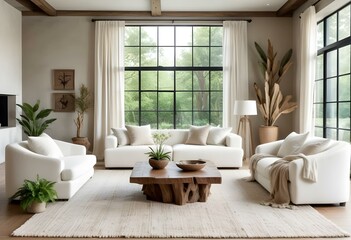 Naklejka premium A cozy and inviting living room with large windows overlooking a lush green outdoor scene. The room features plush white sofas and armchairs arranged around a rustic wooden coffee table. 