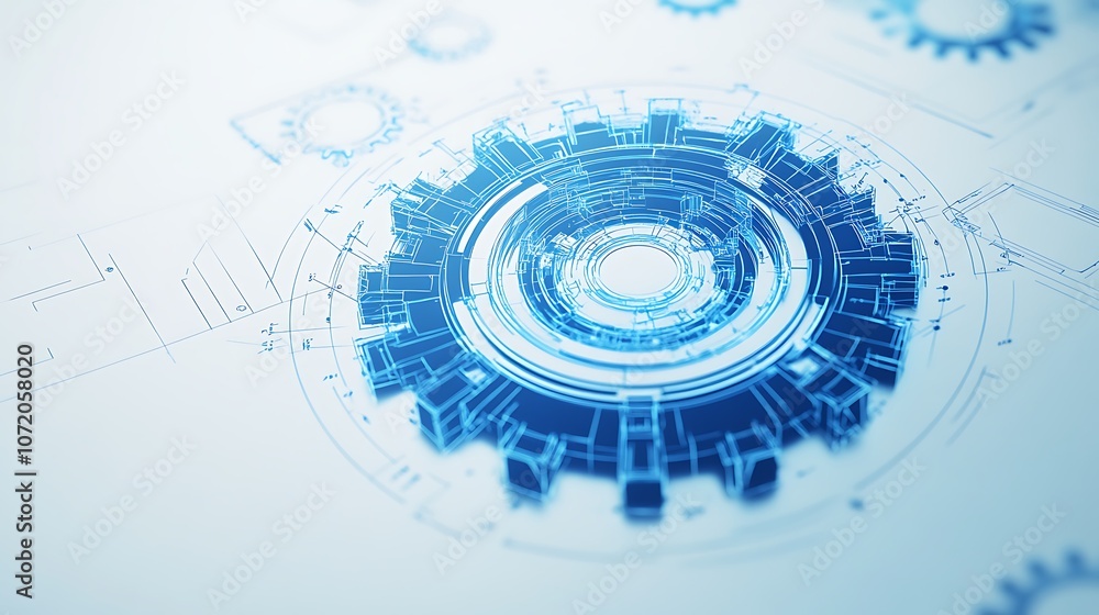 Poster a digital representation of a gear design, showcasing a blend of technology and mechanics with a blu
