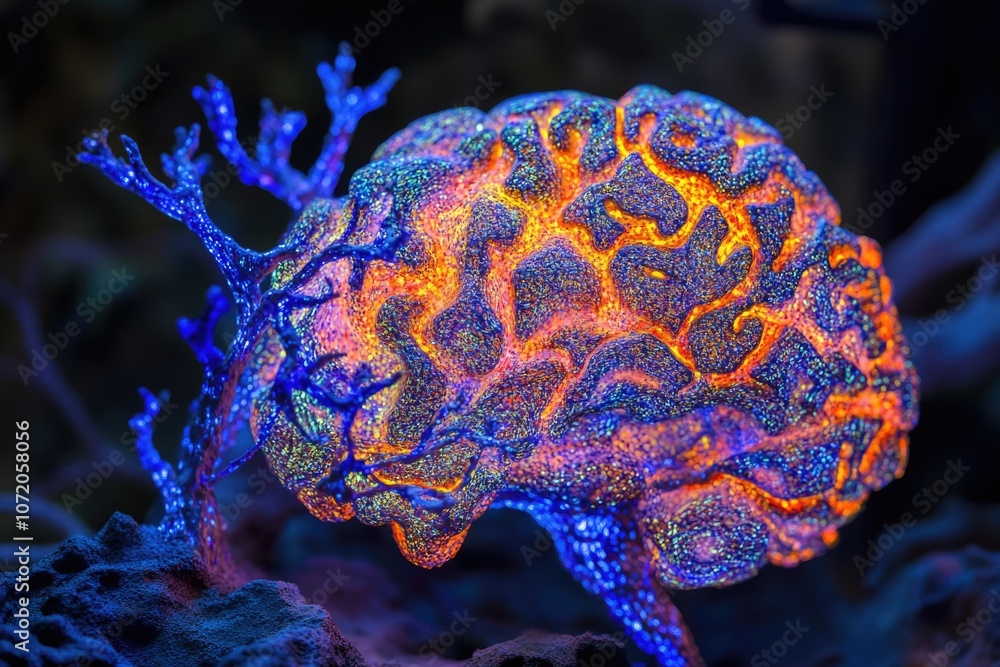 Poster a close-up image of a brain resting on a rocky surface
