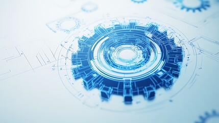 Obraz premium A digital representation of a gear design, showcasing a blend of technology and mechanics with a blue color scheme.