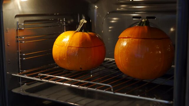 Woman preparing stuffed red kuri squash in the kitchen. Stuffed orange colored winter squash for baking in the oven.