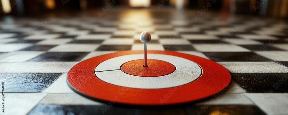 Poster a vibrant target positioned on a checkered floor, creating a striking visual contrast and suggesting