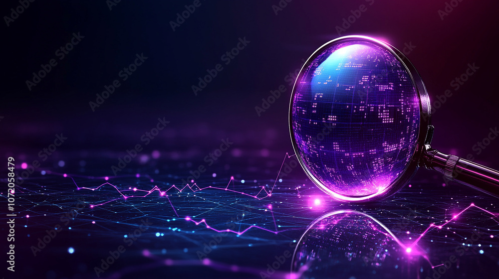 Aufkleber magnifying glass enlarges glowing data curves, symbolizing data analysis, digital investigation, and