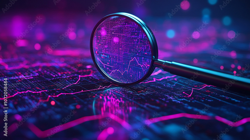 Aufkleber magnifying glass enlarges glowing data curves, symbolizing data analysis, digital investigation, and