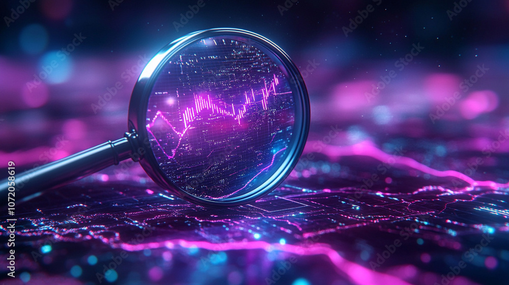 Aufkleber magnifying glass enlarges glowing data curves, symbolizing data analysis, digital investigation, and