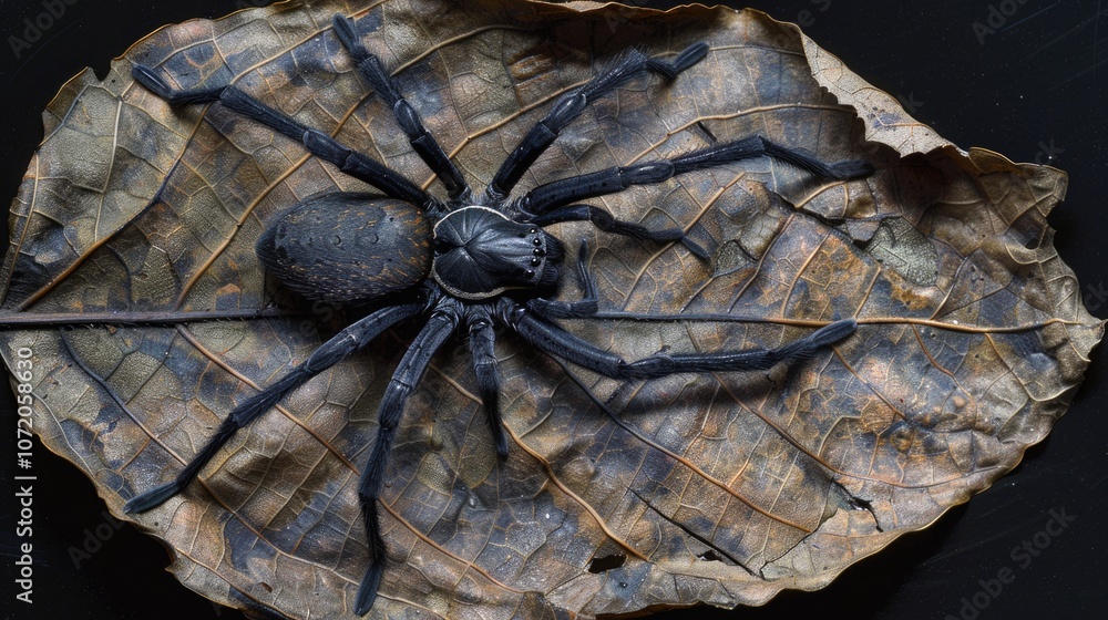 Poster a close-up view of a black spider sitting on the edge of a leaf