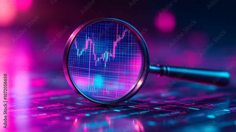Aufkleber magnifying glass enlarges glowing data curves, symbolizing data analysis, digital investigation, and