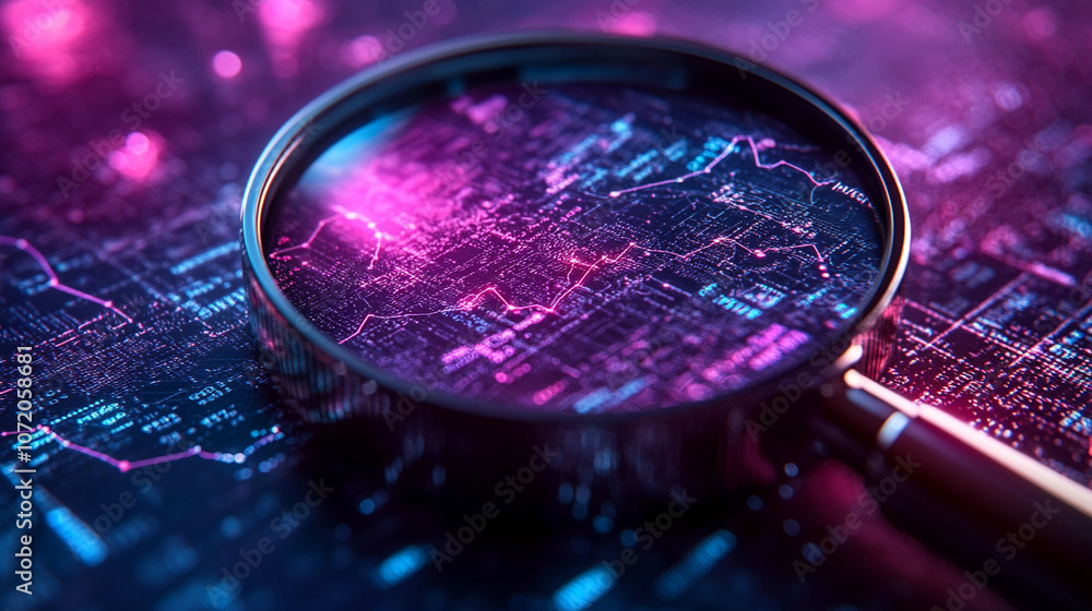 Aufkleber magnifying glass enlarges glowing data curves, symbolizing data analysis, digital investigation, and