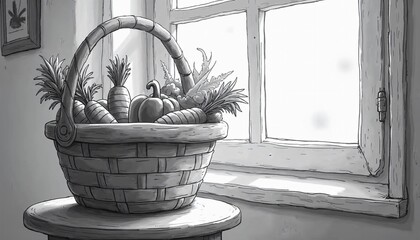 Charming Cartoon Style, Farm-Fresh Vegetables in a Basket