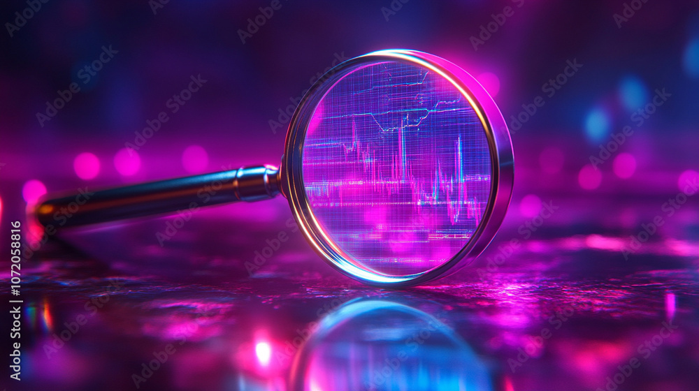 Aufkleber magnifying glass enlarges glowing data curves, symbolizing data analysis, digital investigation, and
