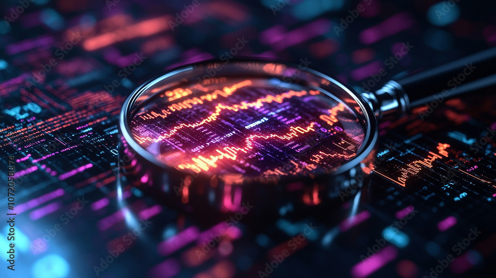 Aufkleber magnifying glass enlarges glowing data curves, symbolizing data analysis, digital investigation, and