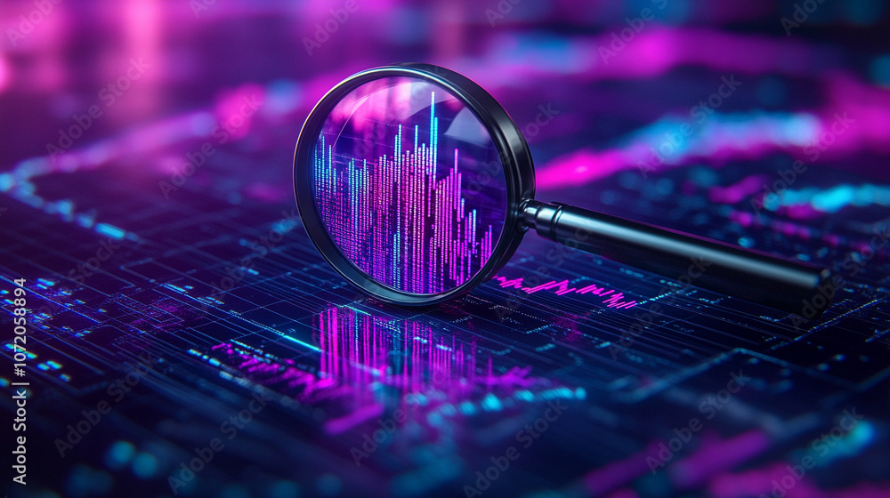 Aufkleber magnifying glass enlarges glowing data curves, symbolizing data analysis, digital investigation, and