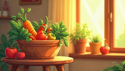 Charming Cartoon Style, Farm-Fresh Vegetables in a Basket