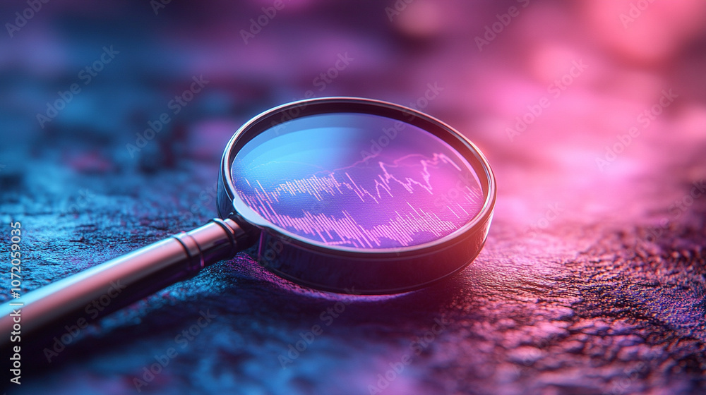 Aufkleber magnifying glass enlarges glowing data curves, symbolizing data analysis, digital investigation, and