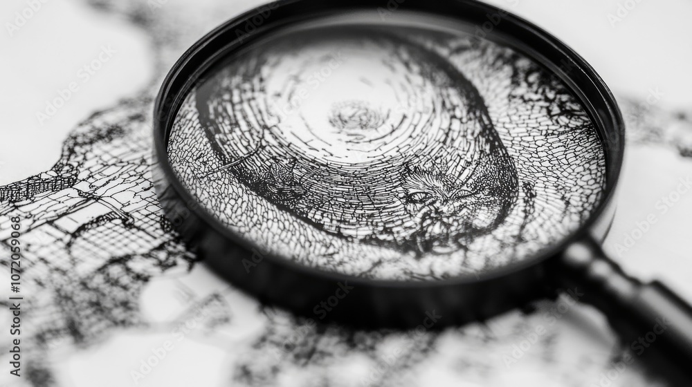Poster a close-up view of a magnifying glass focusing on a section of a map, useful for illustrations or ed