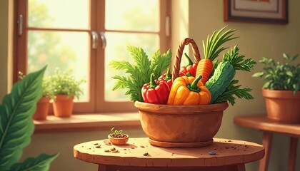 Charming Cartoon Style, Farm-Fresh Vegetables in a Basket