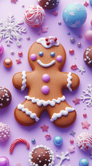A cute gingerbread man in colorful pastel colors, surrounded by snowflakes and decorations, in a 3D illustration style, against a purple background. Minimal creative Christmas holiday concept.