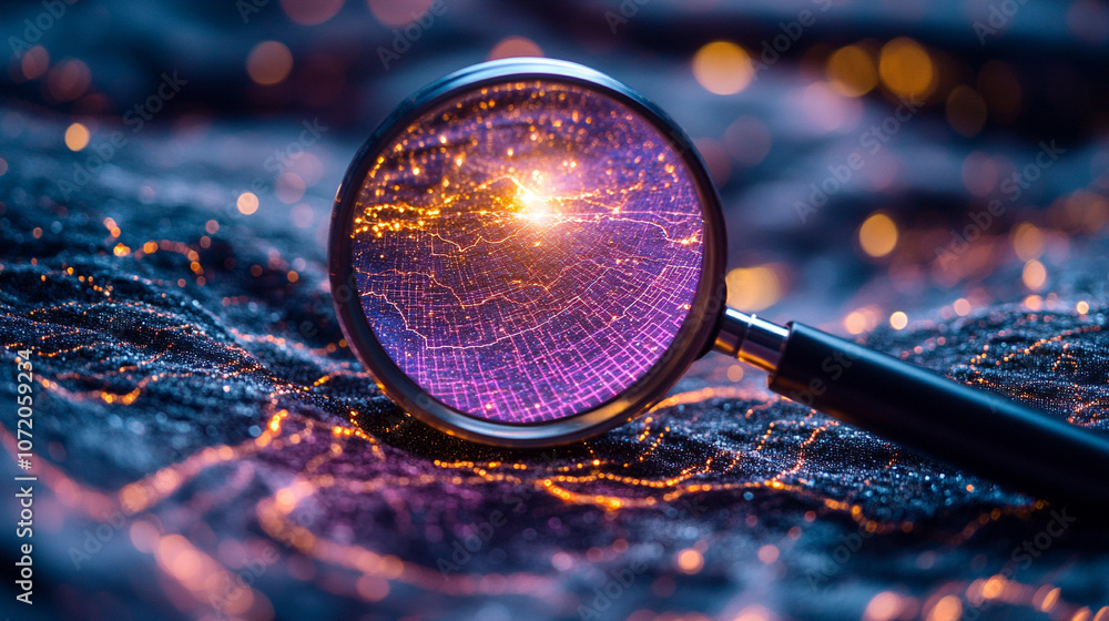 Aufkleber magnifying glass enlarges glowing data curves, symbolizing data analysis, digital investigation, and
