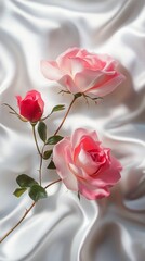 Delicate pink roses bloom against a backdrop of soft white silk, their petals unfurling in a graceful dance of nature's beauty and elegance.