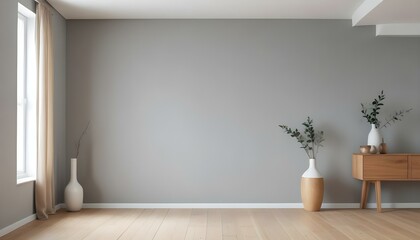 A minimalist room with a light gray wall and a wooden floor. There is a white vase on the floor.