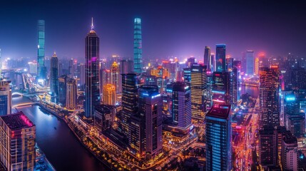 Naklejka premium Enjoy a stunning night view of a vibrant city skyline, alive with twinkling lights and bustling energy.