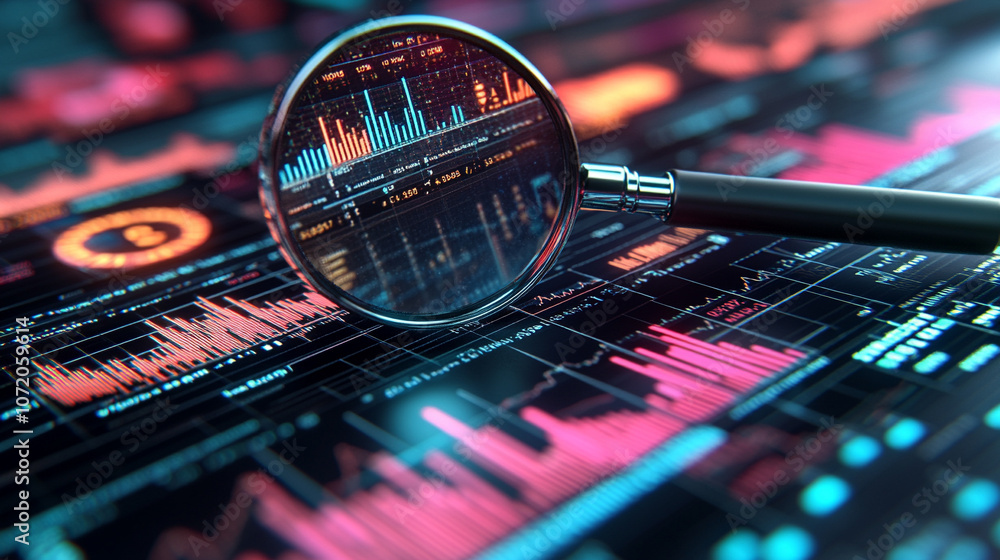 Aufkleber magnifying glass enlarges glowing data curves, symbolizing data analysis, digital investigation, and