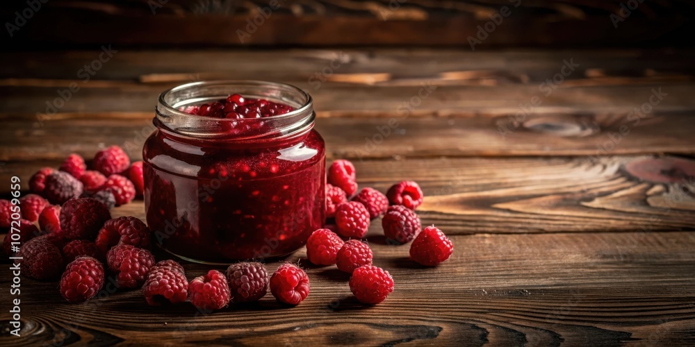 Poster a jar of homemade raspberry jam with fresh raspberries scattered around it on a wooden table.
