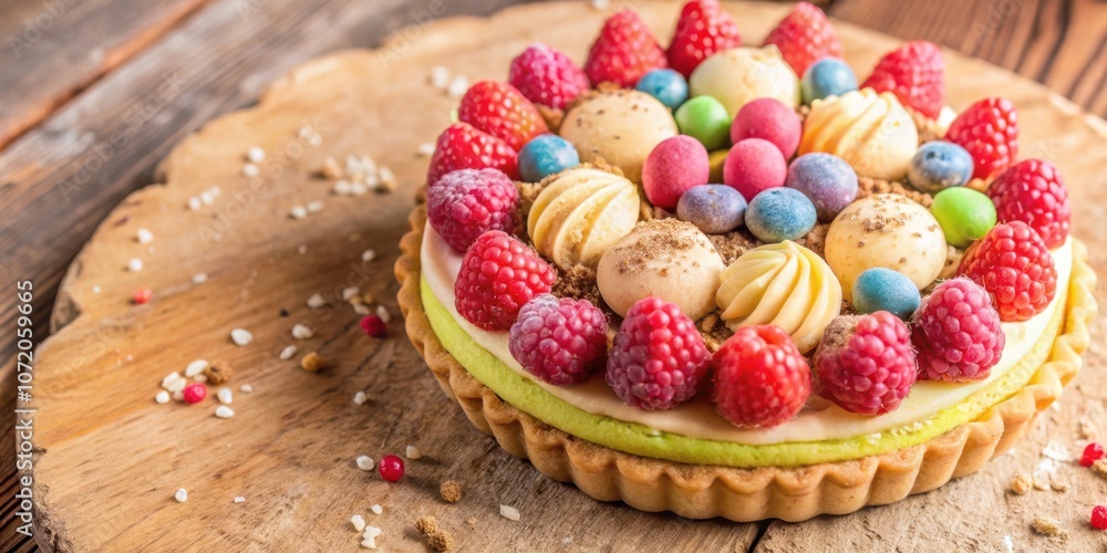 Aufkleber A visually captivating tart with fresh raspberries and a decorative array of colorful candies and creamy swirls atop a light green filling, resting on a rustic wooden surface.