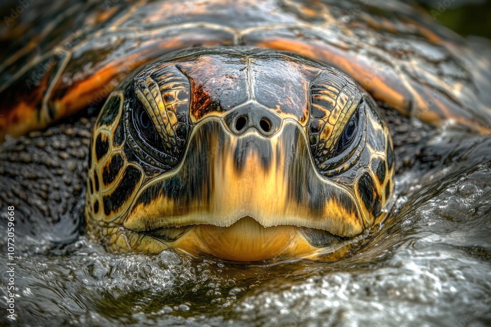 Poster Close-up of a turtle's face underwater, suitable for use in wildlife or aquatic-themed projects