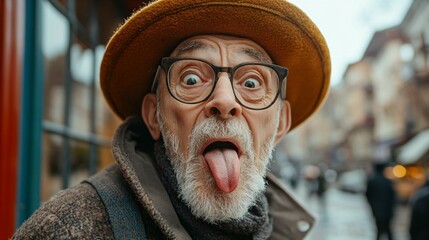 Funny crazy grandfather shows tongue, humor, pensioner, old man teasing