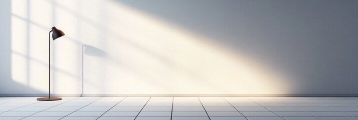 Obraz premium Minimalist interior with a floor lamp and sunlight streaming through a window.