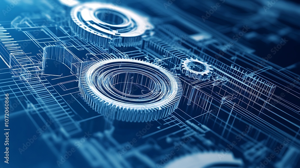 Aufkleber a futuristic blue abstract background featuring complex gears and digital patterns, symbolizing inno
