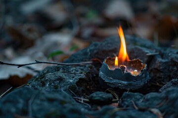 A solitary candle sits atop a pile of rugged rocks, providing a warm glow in a quiet setting